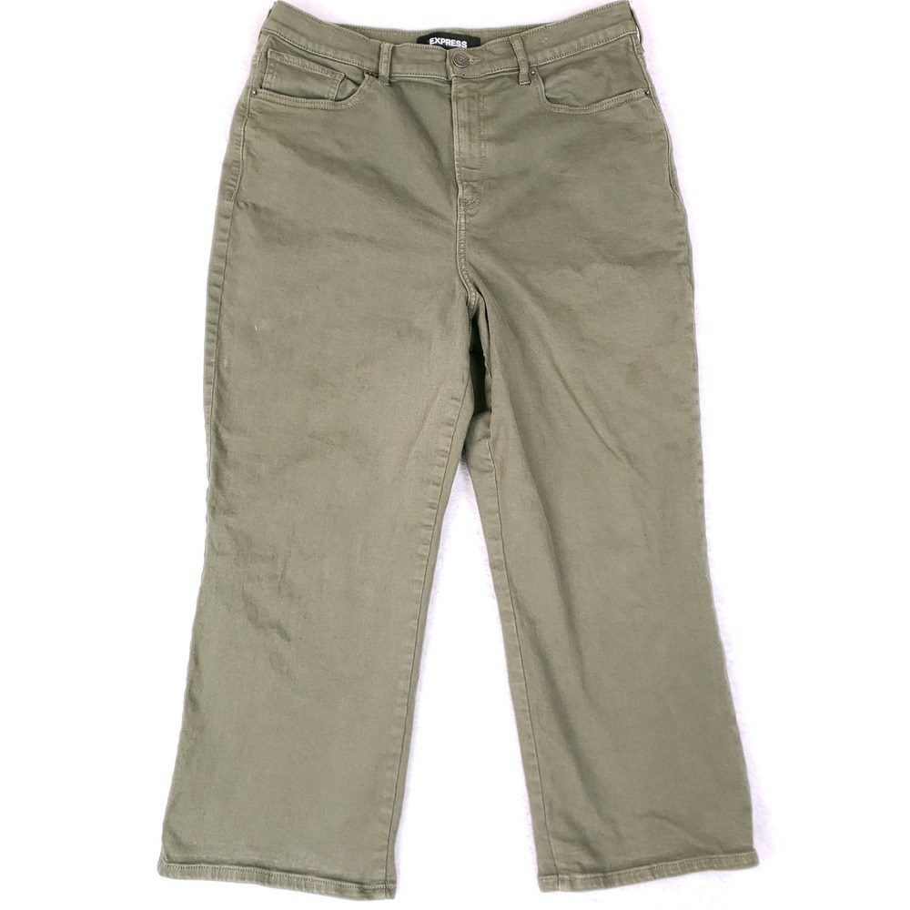 Express‎ Women's 14 Olive Green Cropped Wide Leg Pants Super High Rise Stretch